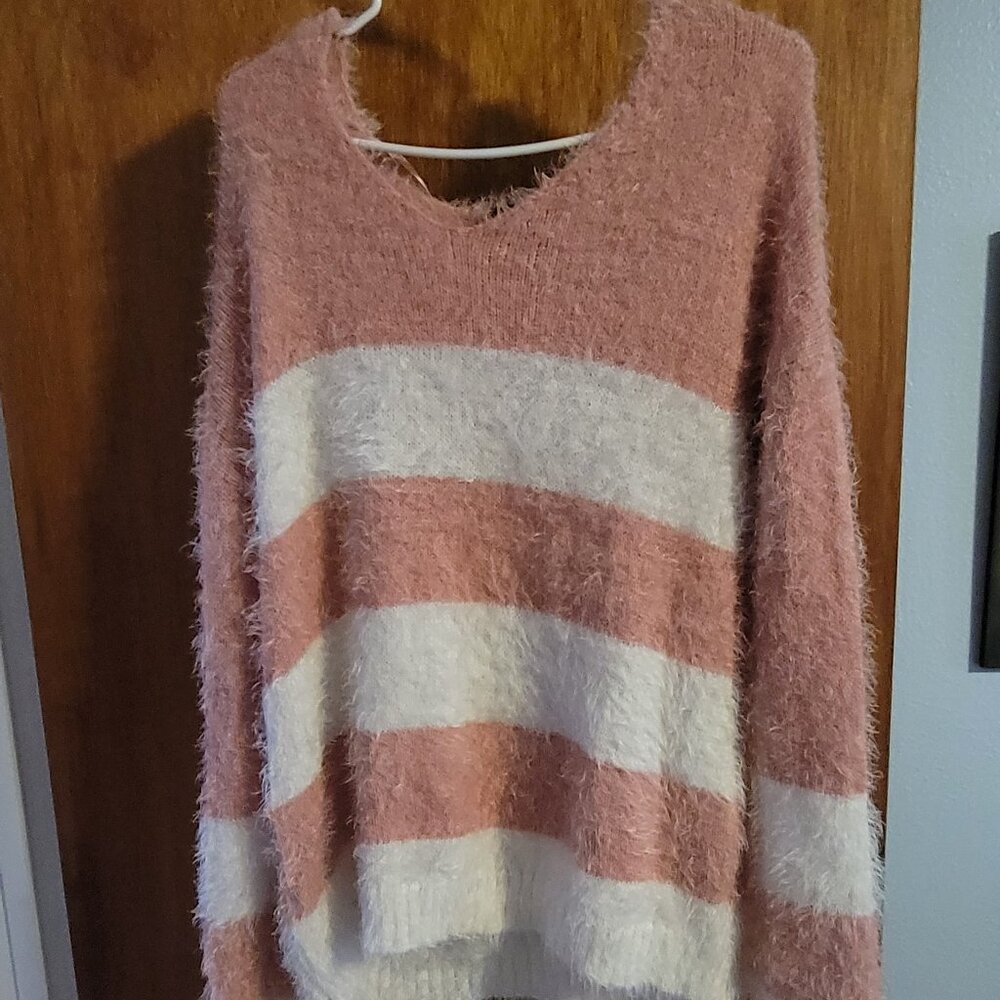 Fuzzy Pink and White Sweater warm